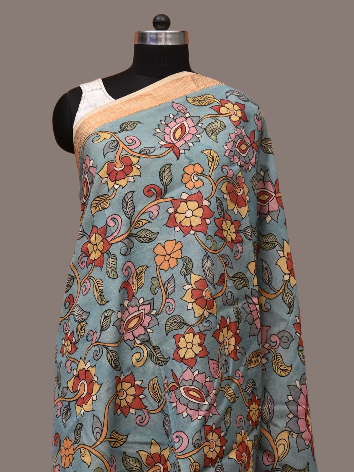 Blue Kalamkari Hand Painted Sico Dupatta with Floral Design ds3212