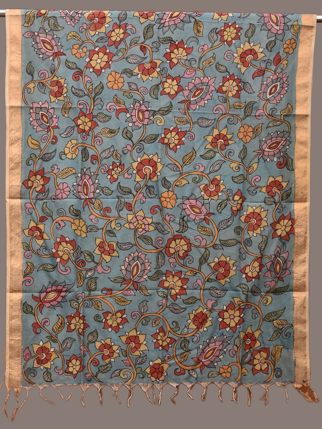 Blue Kalamkari Hand Painted Sico Dupatta with Floral Design ds3212