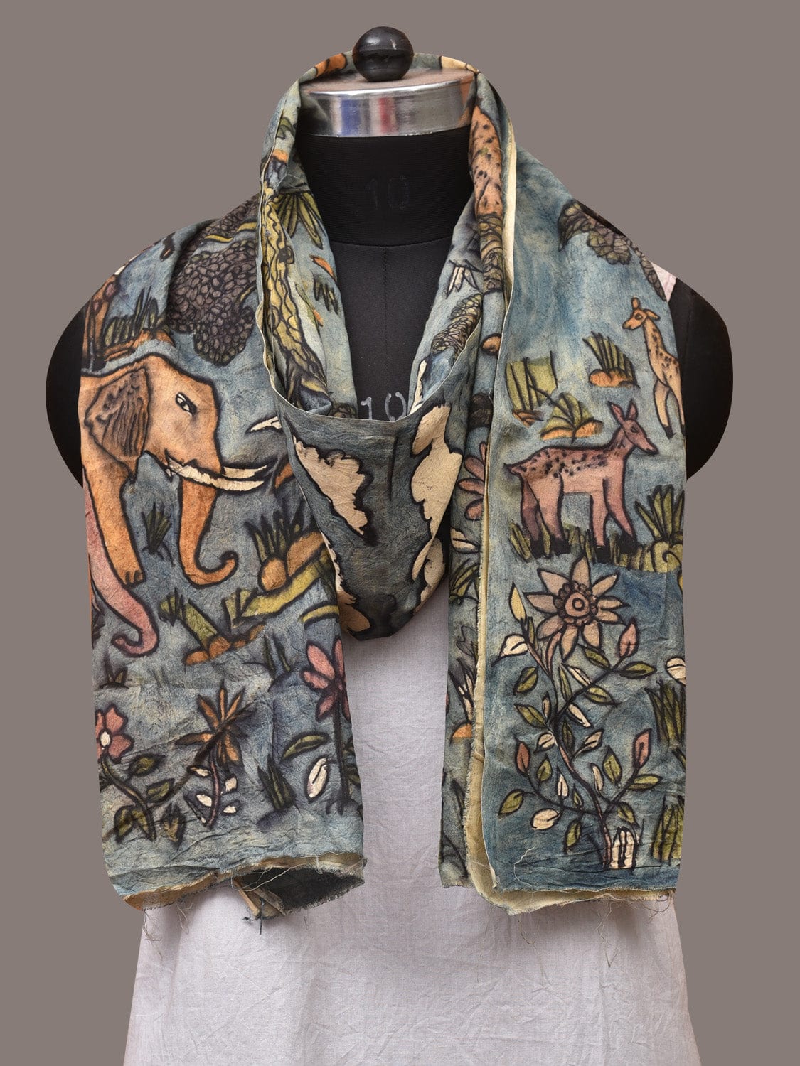 Blue Kalamkari Hand Painted Sico Stole with Animals Design ds3459