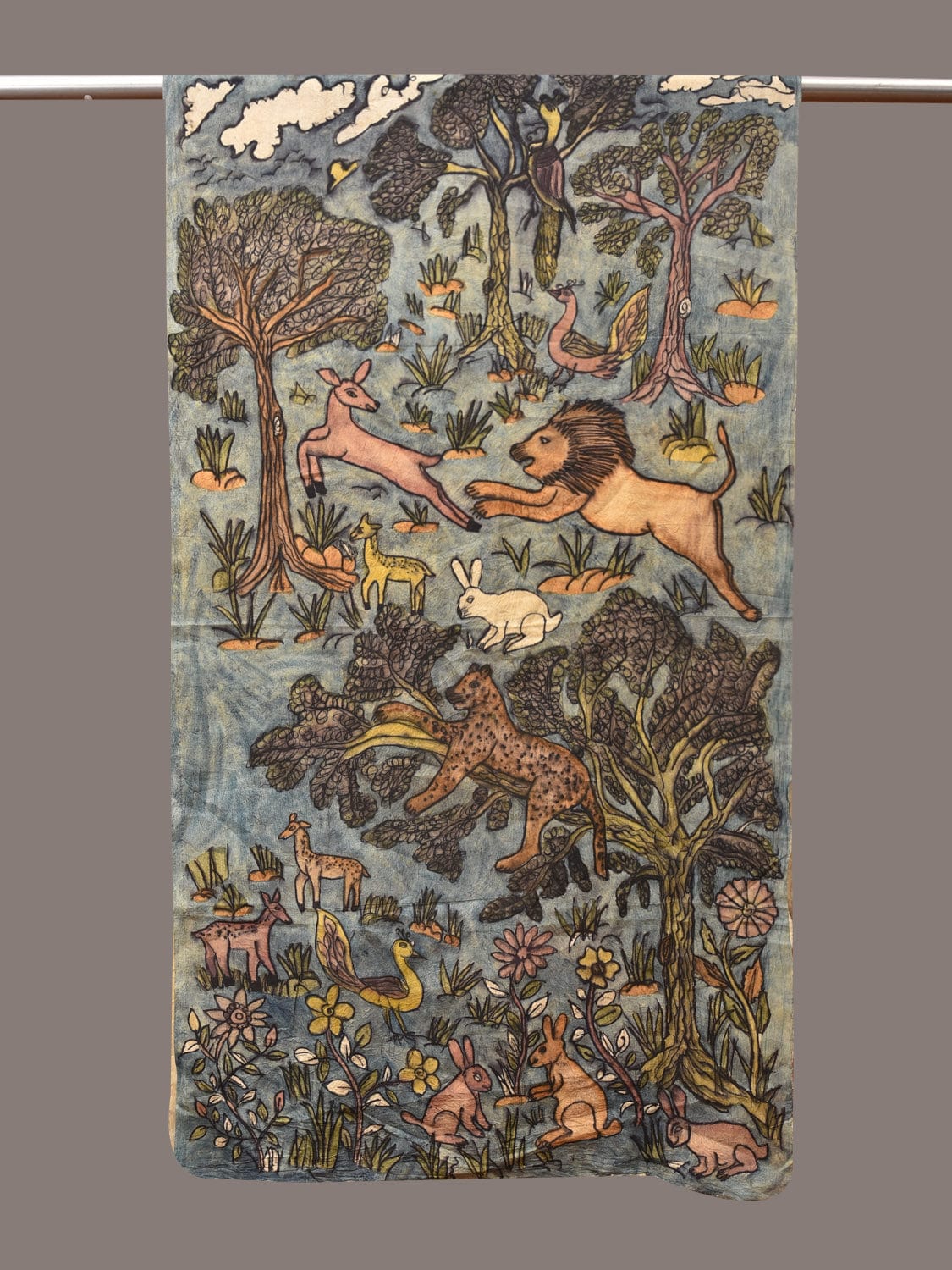 Blue Kalamkari Hand Painted Sico Stole with Animals Design ds3459