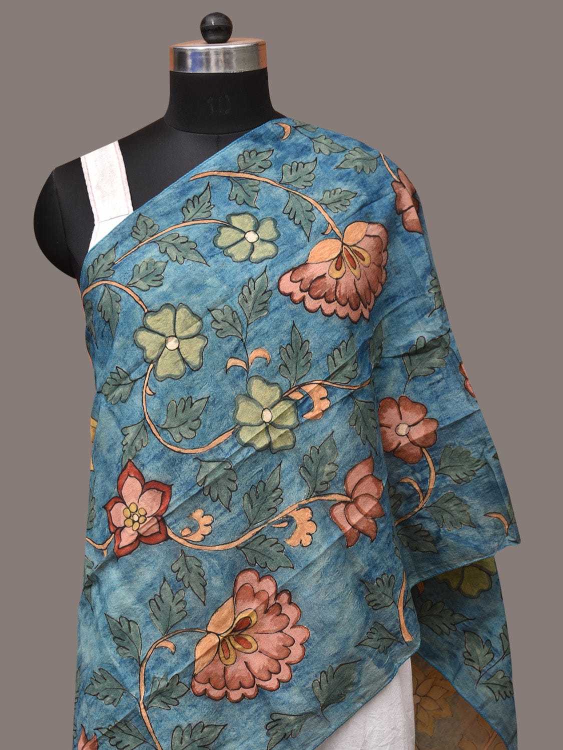 Blue Kalamkari Hand Painted Sico Stole with Floral Design ds3441