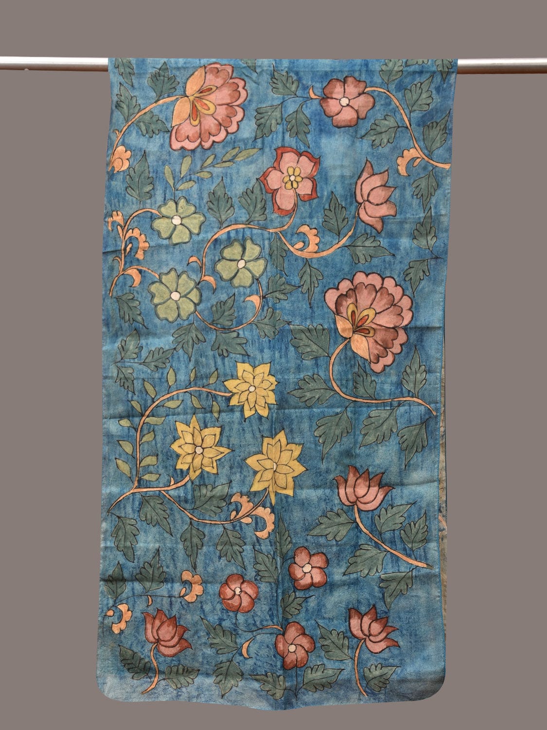 Blue Kalamkari Hand Painted Sico Stole with Floral Design ds3441