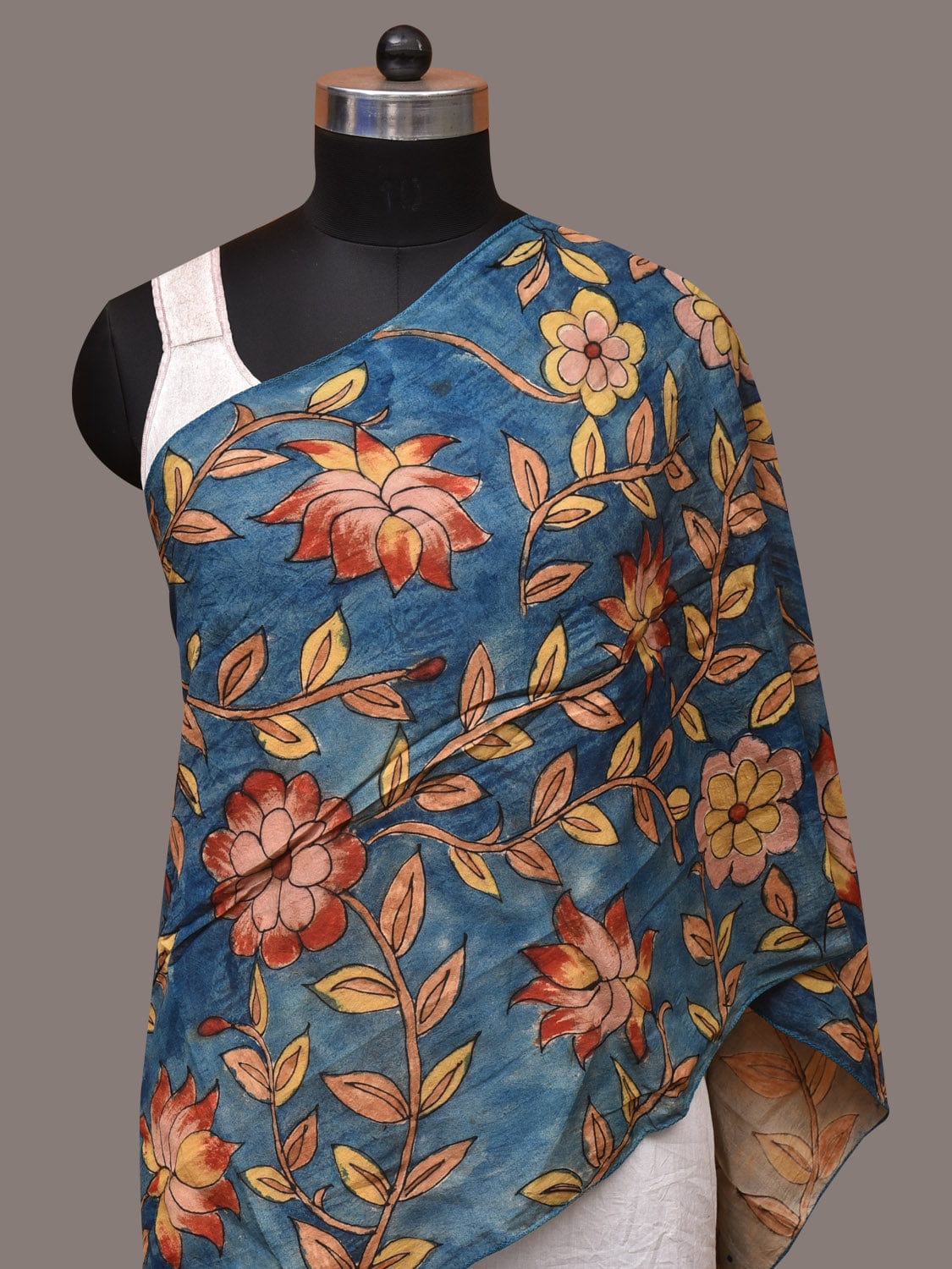 Blue Kalamkari Hand Painted Sico Stole with Floral Design ds3533