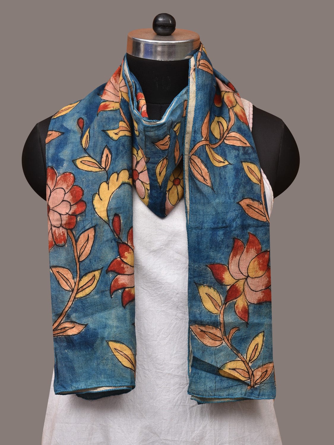 Blue Kalamkari Hand Painted Sico Stole with Floral Design ds3533