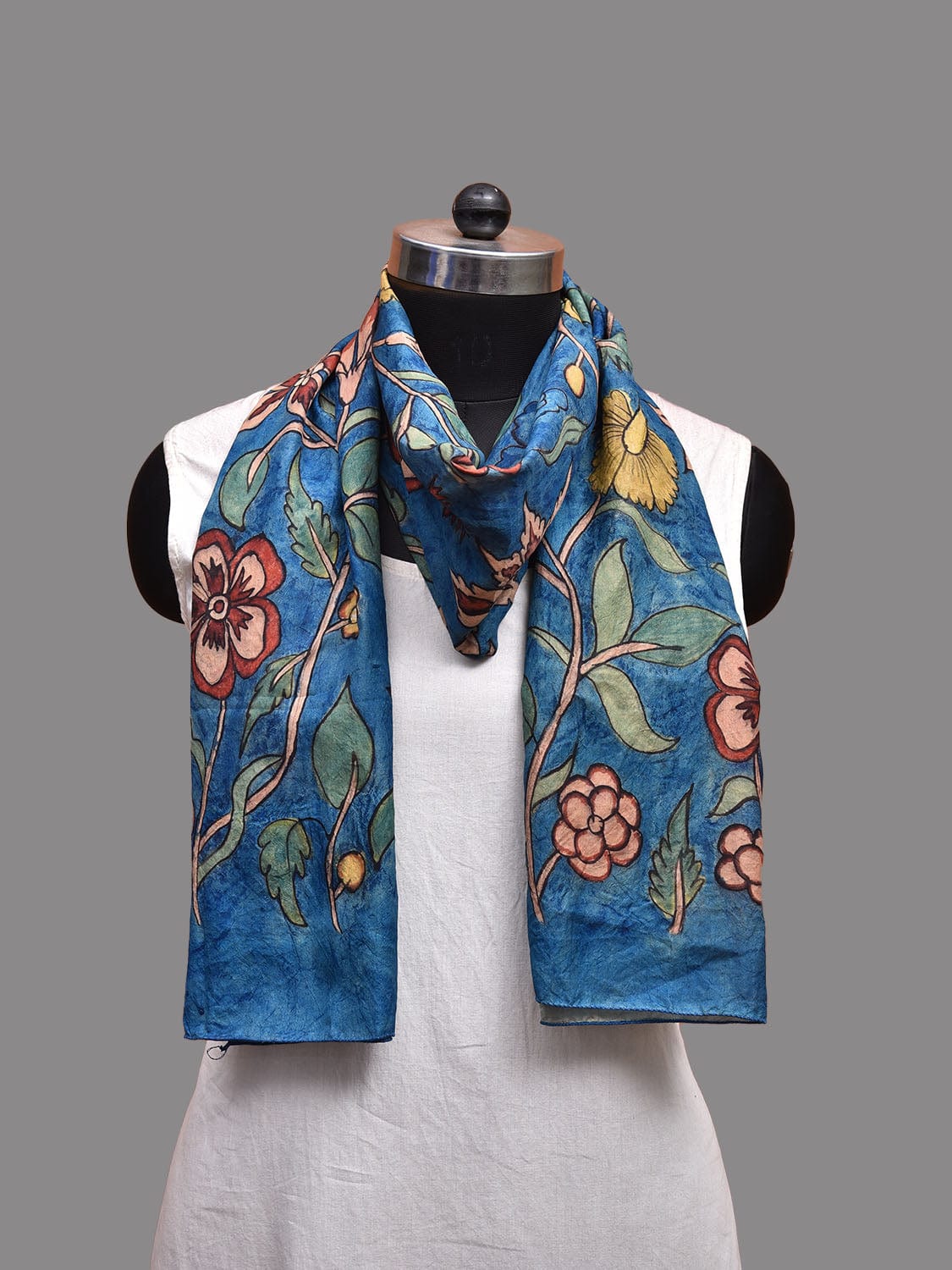 Blue Kalamkari Hand Painted Sico Stole with Floral Design ds3676