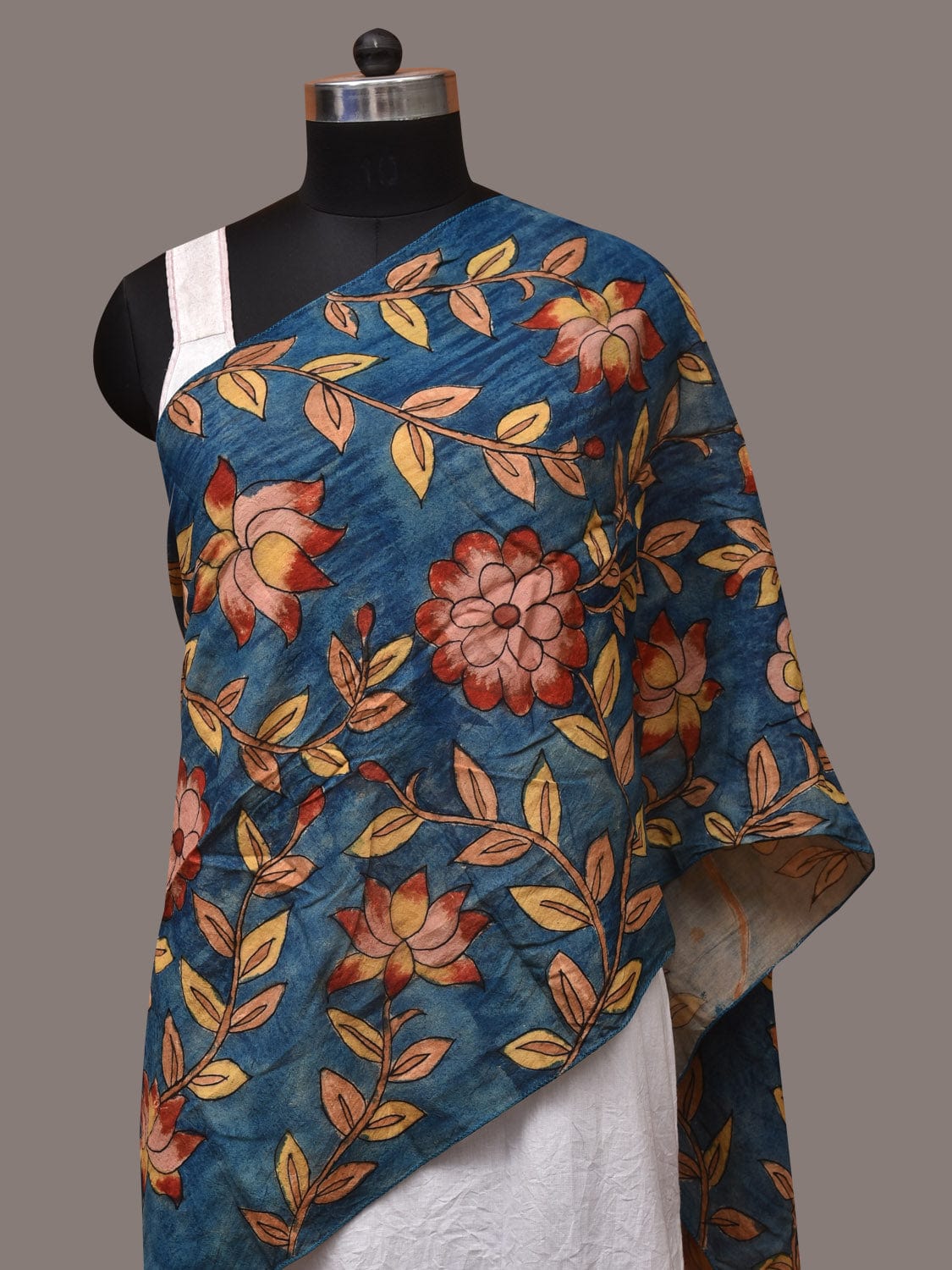 Blue Kalamkari Hand Painted Sico Stole with Flowers Design ds3435