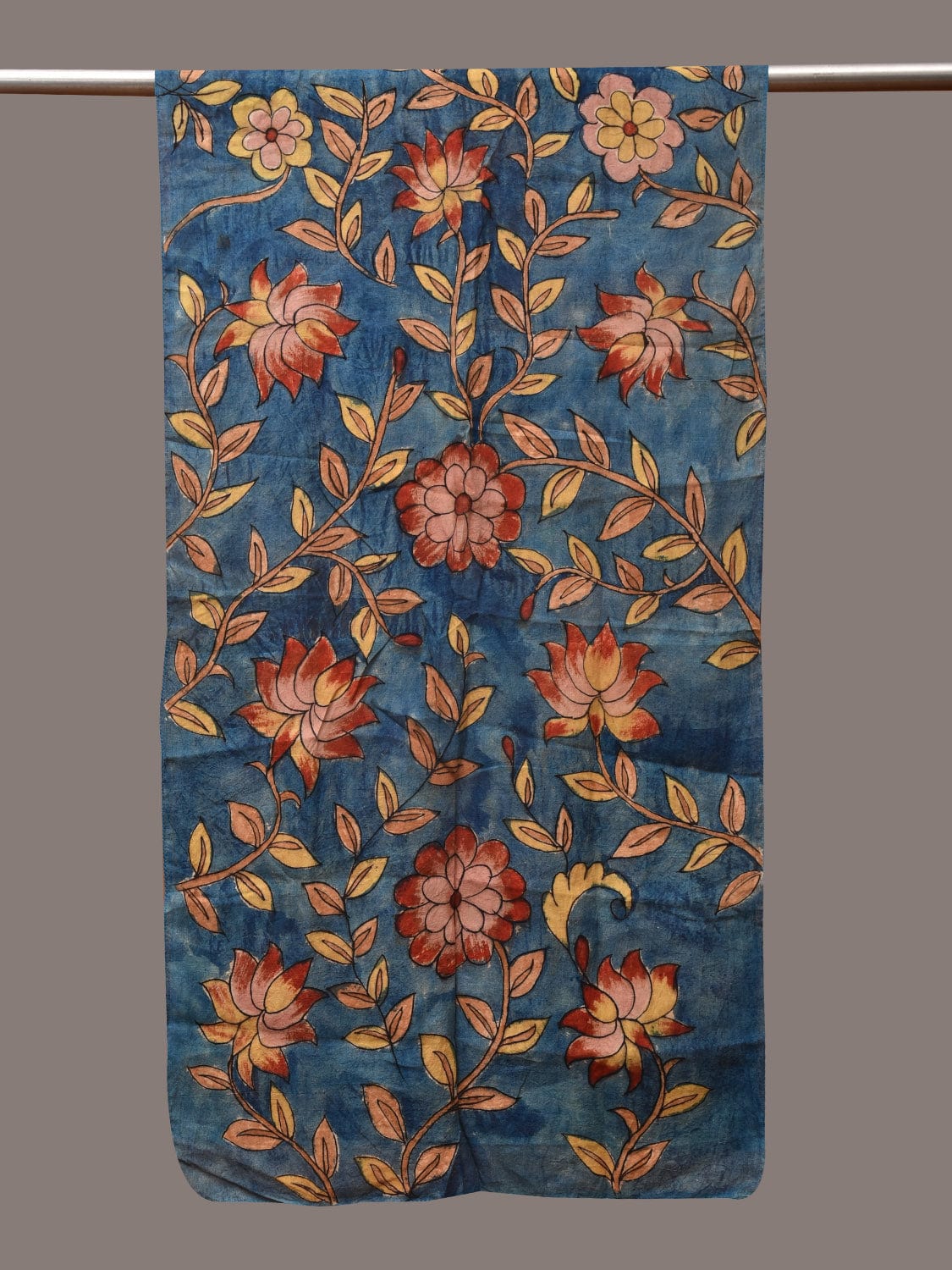 Blue Kalamkari Hand Painted Sico Stole with Flowers Design ds3435