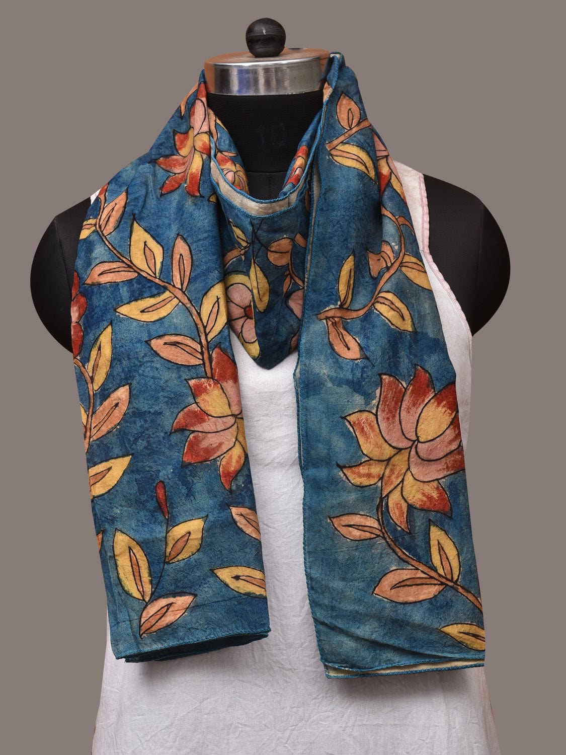 Blue Kalamkari Hand Painted Sico Stole with Flowers Design ds3435