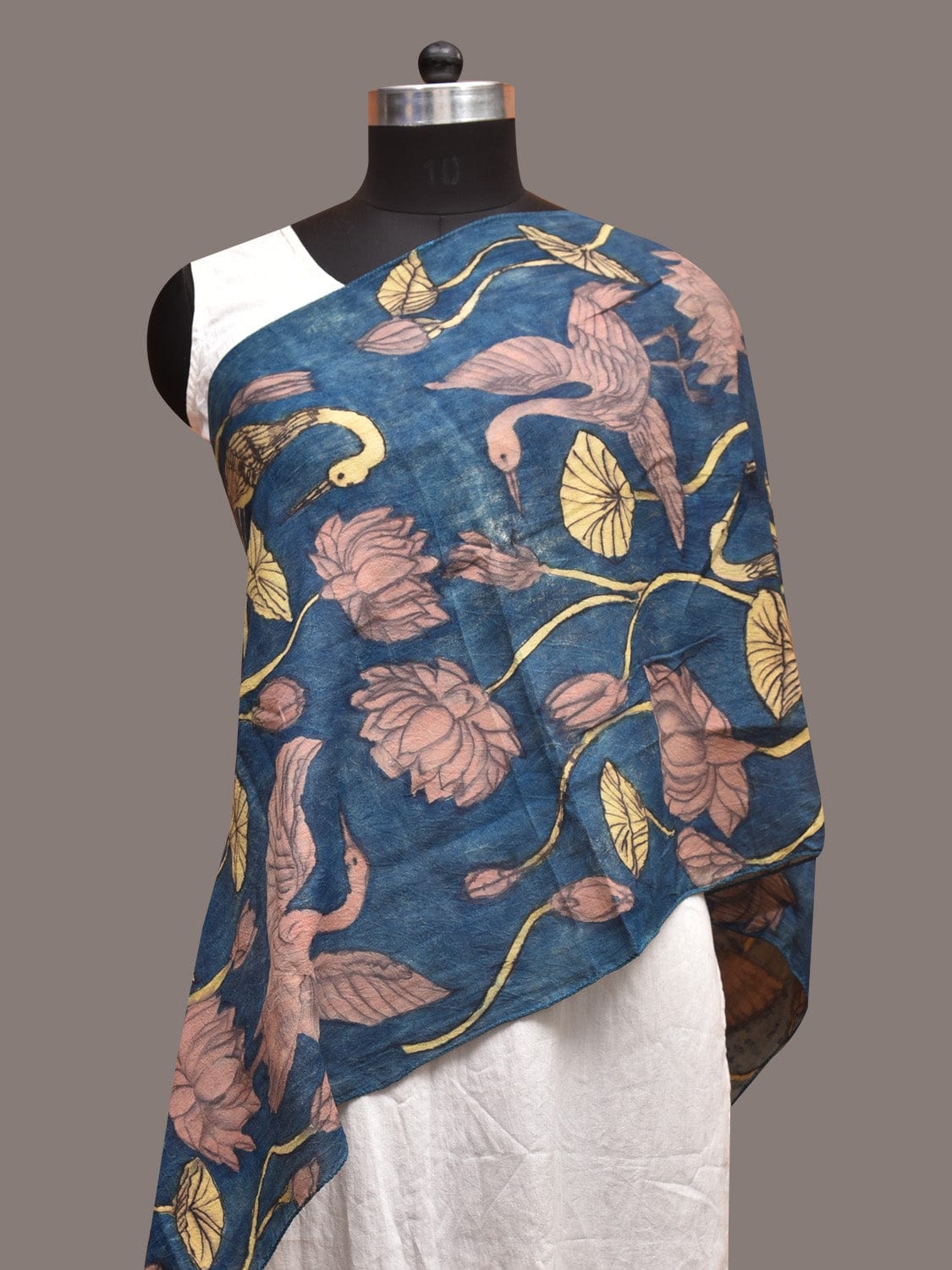 Blue Kalamkari Hand Painted Sico Stole with Lotus and Crane Design ds3583