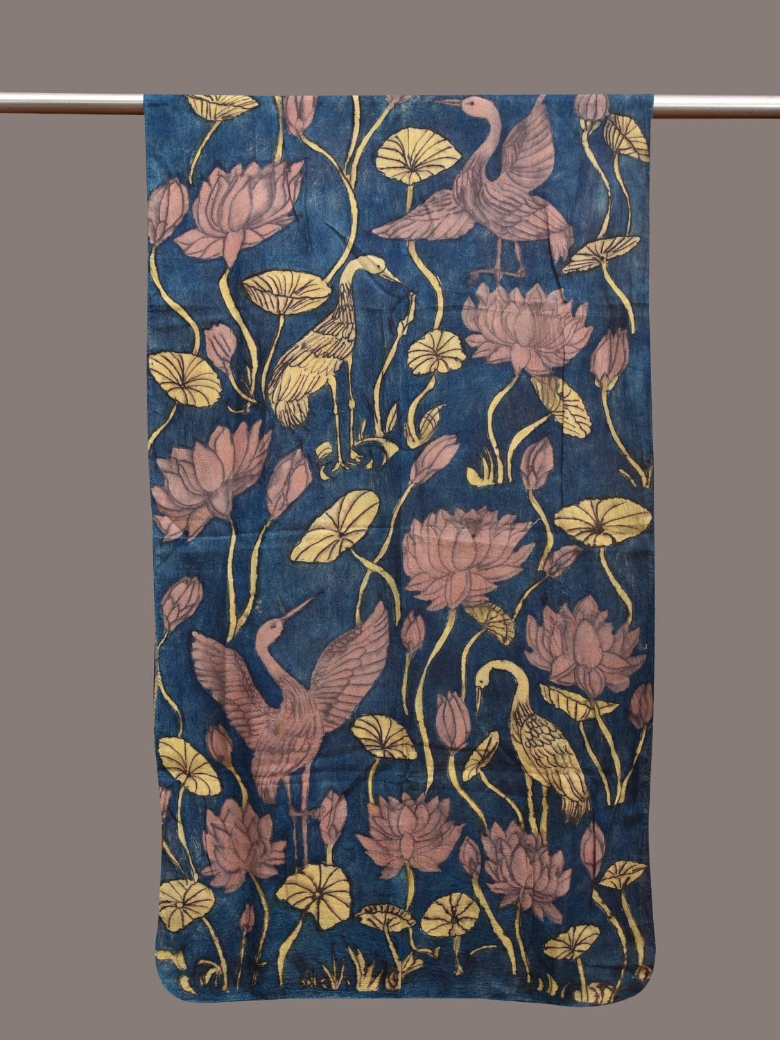 Blue Kalamkari Hand Painted Sico Stole with Lotus and Crane Design ds3583