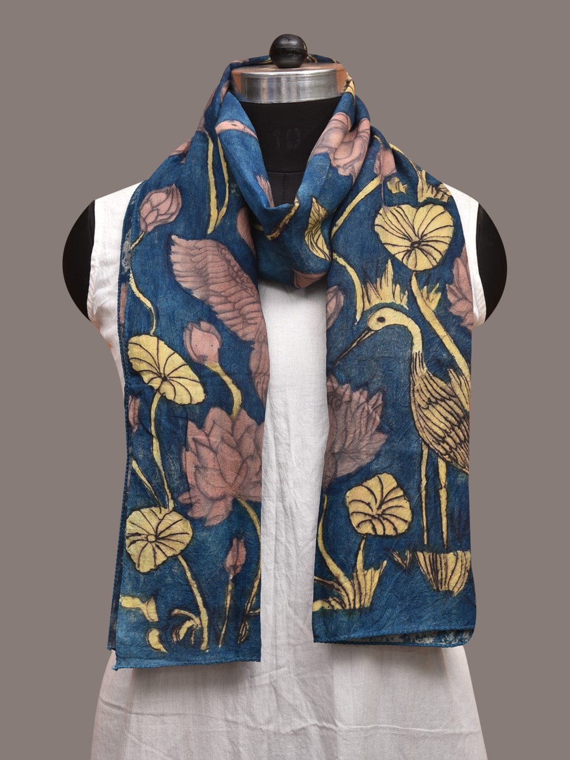 Blue Kalamkari Hand Painted Sico Stole with Lotus and Crane Design ds3583