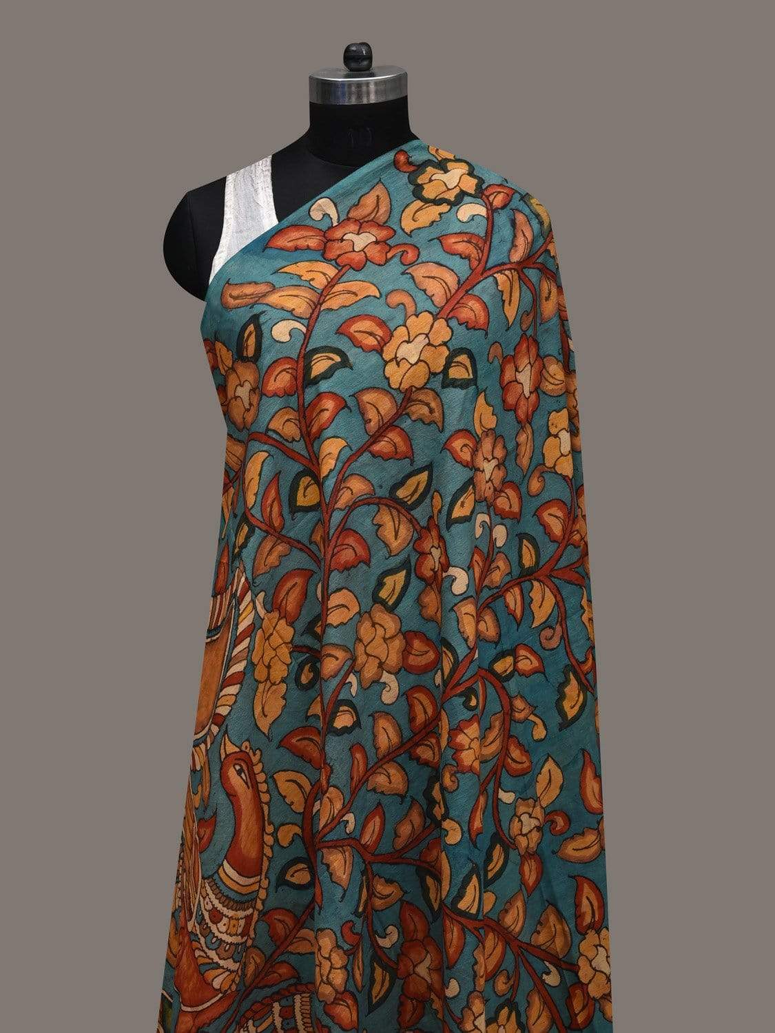 Blue Kalamkari Hand Painted Silk Handloom Dupatta with Floral and Peacocks Design ds2518