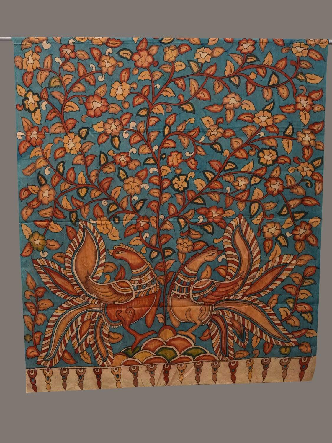 Blue Kalamkari Hand Painted Silk Handloom Dupatta with Floral and Peacocks Design ds2518