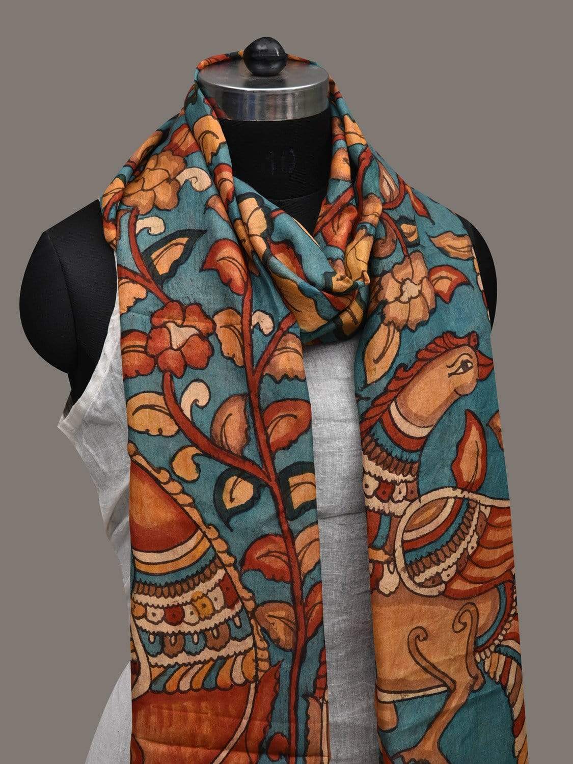Blue Kalamkari Hand Painted Silk Handloom Dupatta with Floral and Peacocks Design ds2518