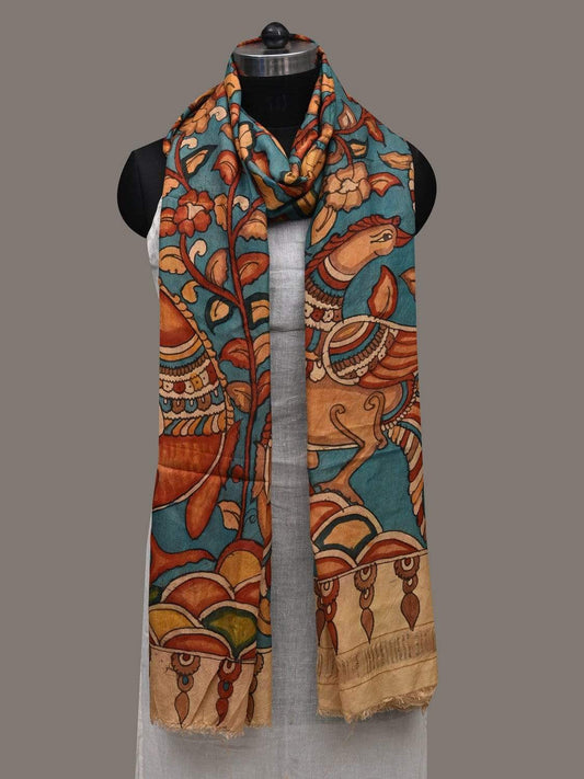 Blue Kalamkari Hand Painted Silk Handloom Dupatta with Floral and Peacocks Design ds2518