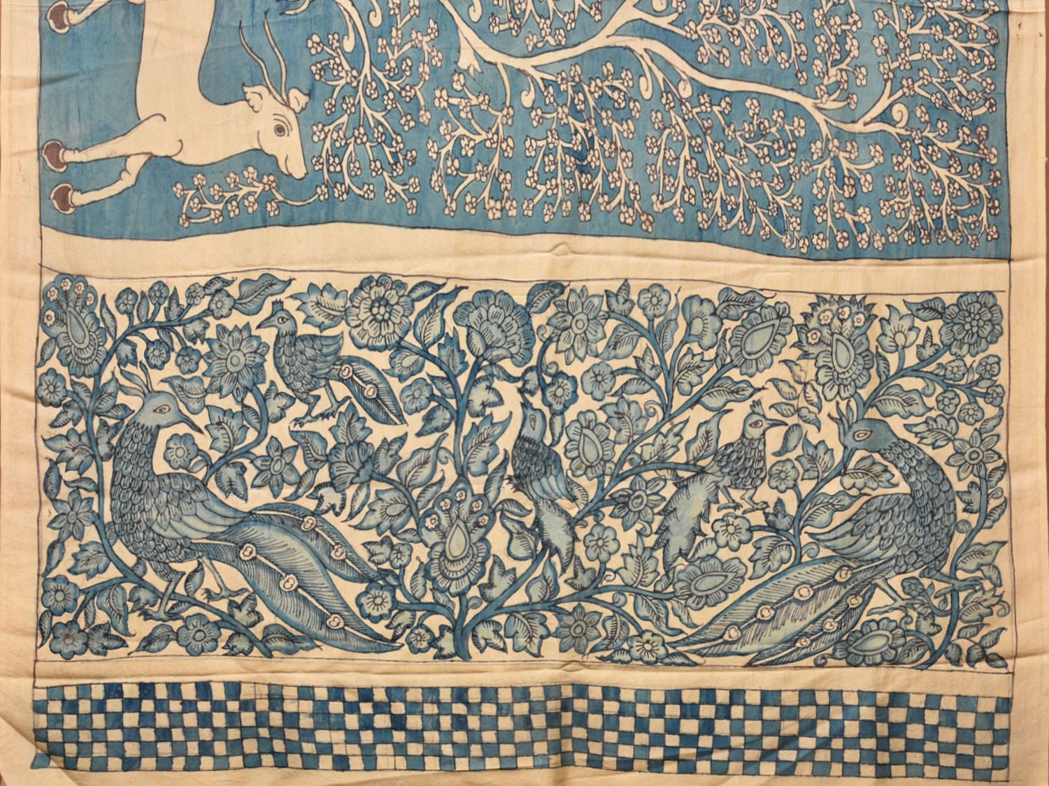 Blue Kalamkari Hand Painted Silk Handloom Saree with Deer Border and Birds Pallu Design KL0742