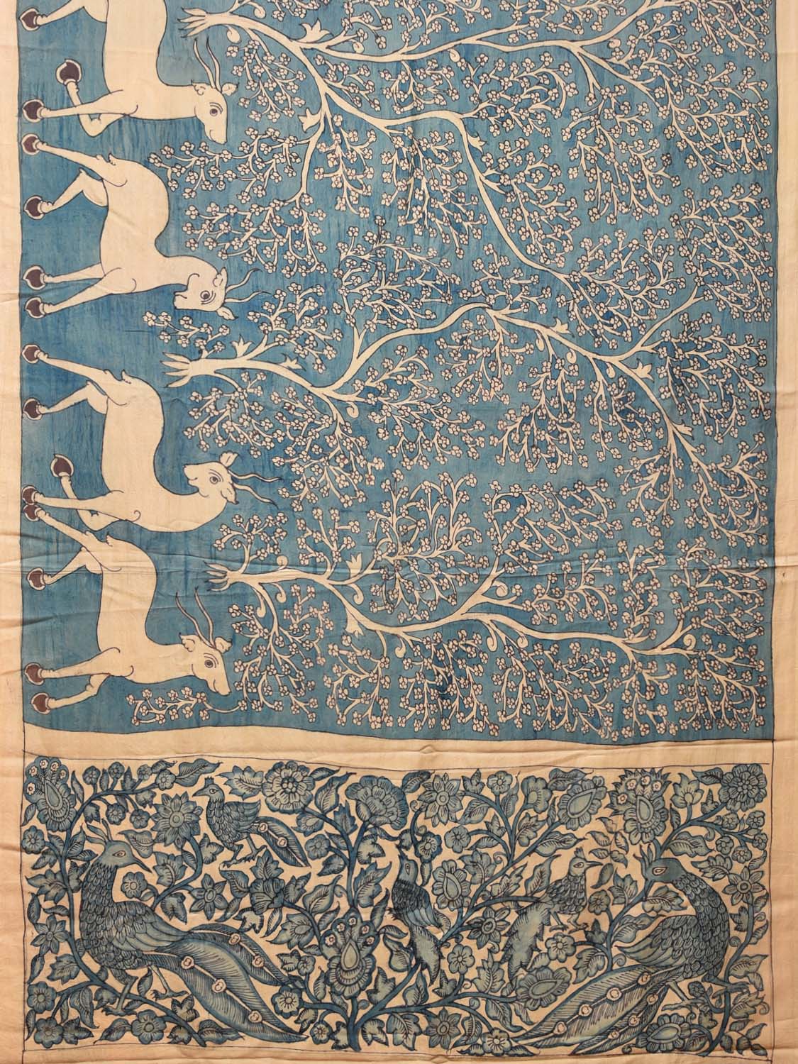 Blue Kalamkari Hand Painted Silk Handloom Saree with Deer Border and Birds Pallu Design KL0742