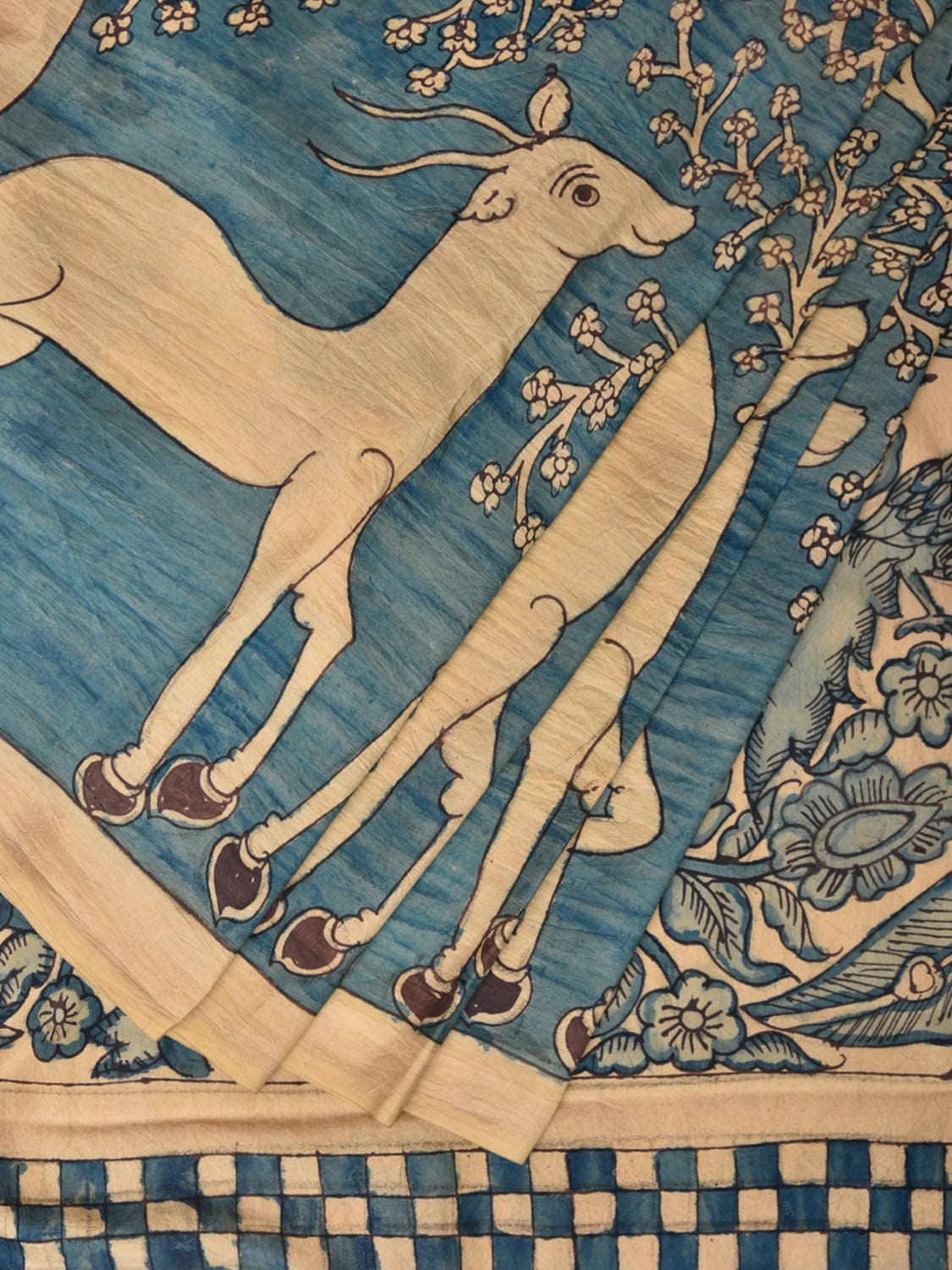 Blue Kalamkari Hand Painted Silk Handloom Saree with Deer Border and Birds Pallu Design KL0742