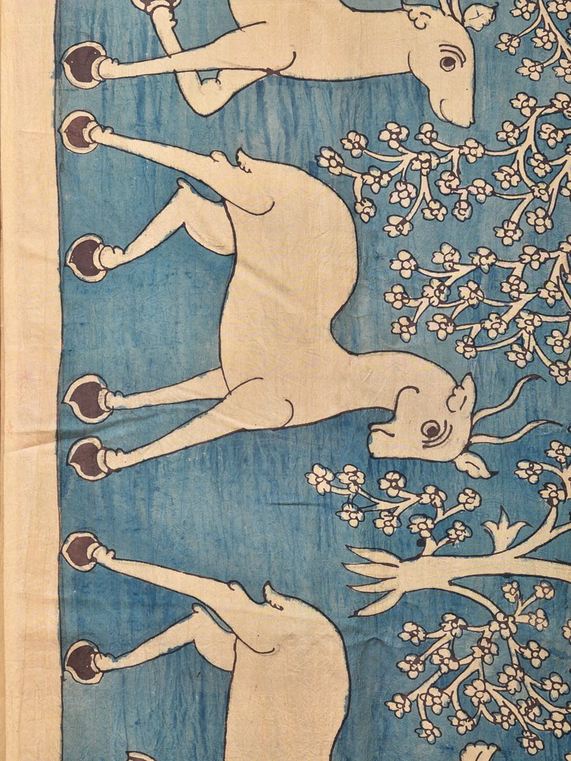 Blue Kalamkari Hand Painted Silk Handloom Saree with Deer Border and Birds Pallu Design KL0742