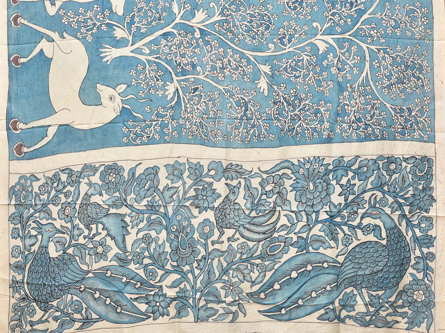 Blue Kalamkari Hand Painted Silk Handloom Saree with Deers and Floral Design KL0734