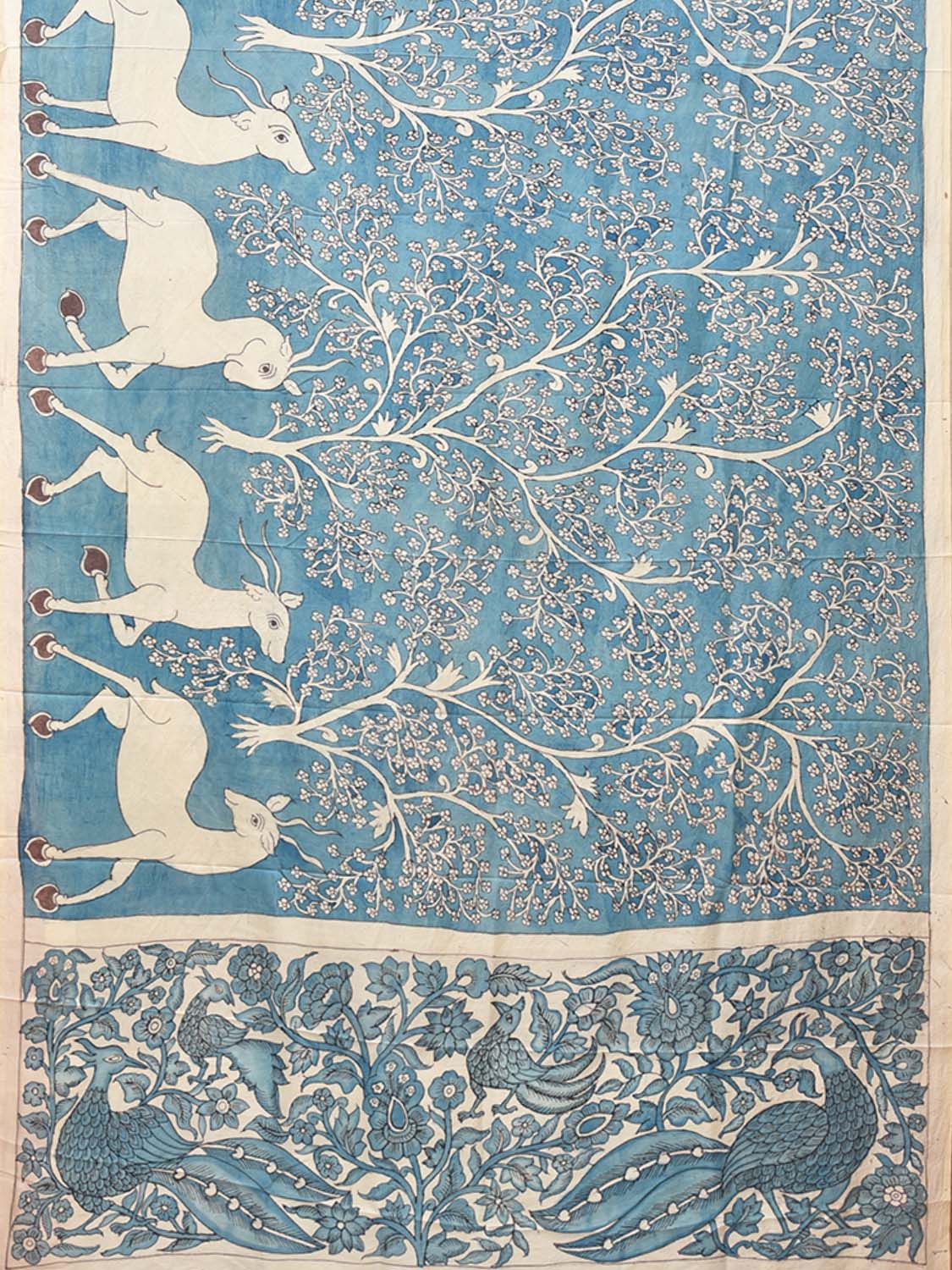 Blue Kalamkari Hand Painted Silk Handloom Saree with Deers and Floral Design KL0734