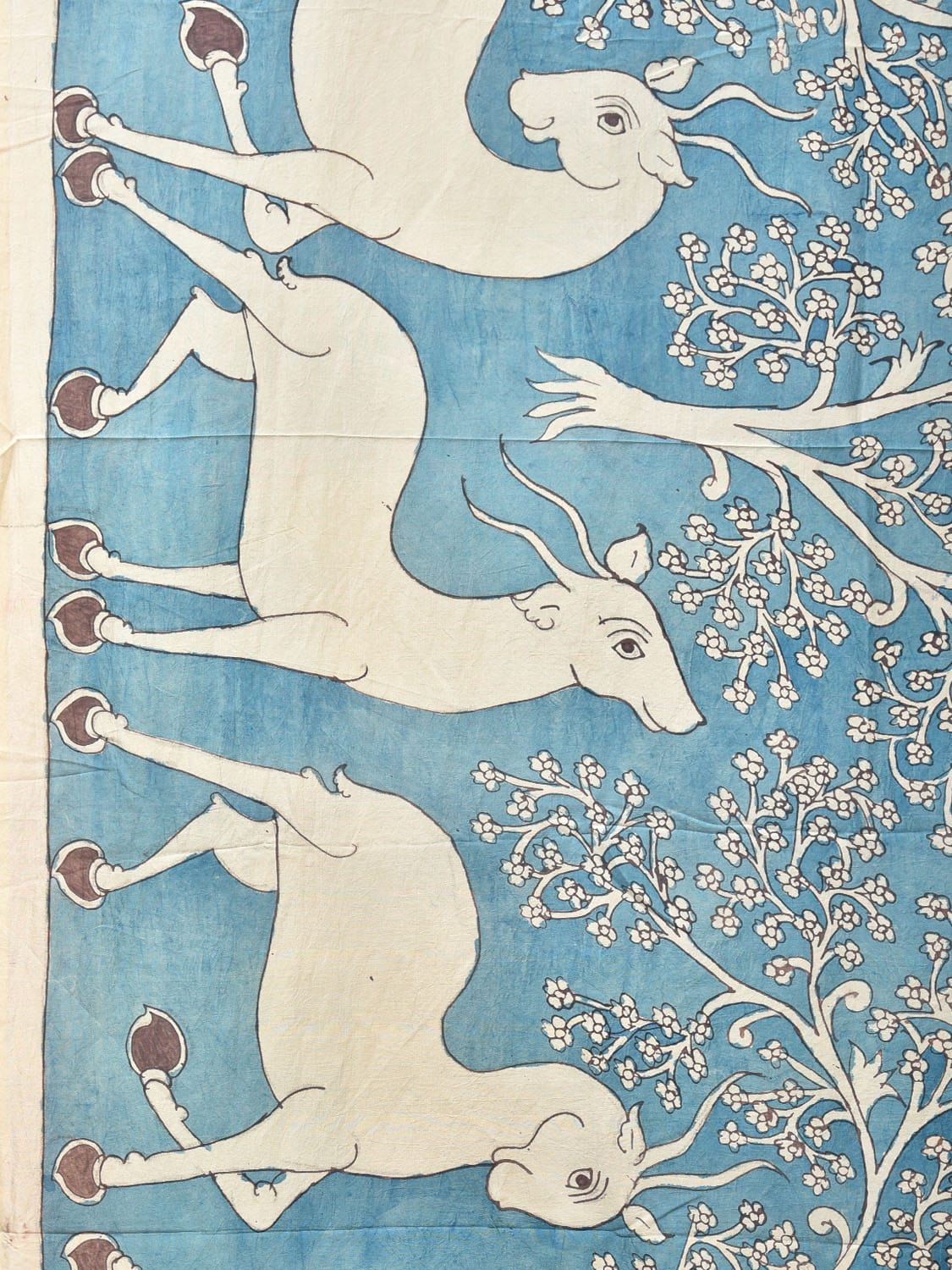 Blue Kalamkari Hand Painted Silk Handloom Saree with Deers and Floral Design KL0734