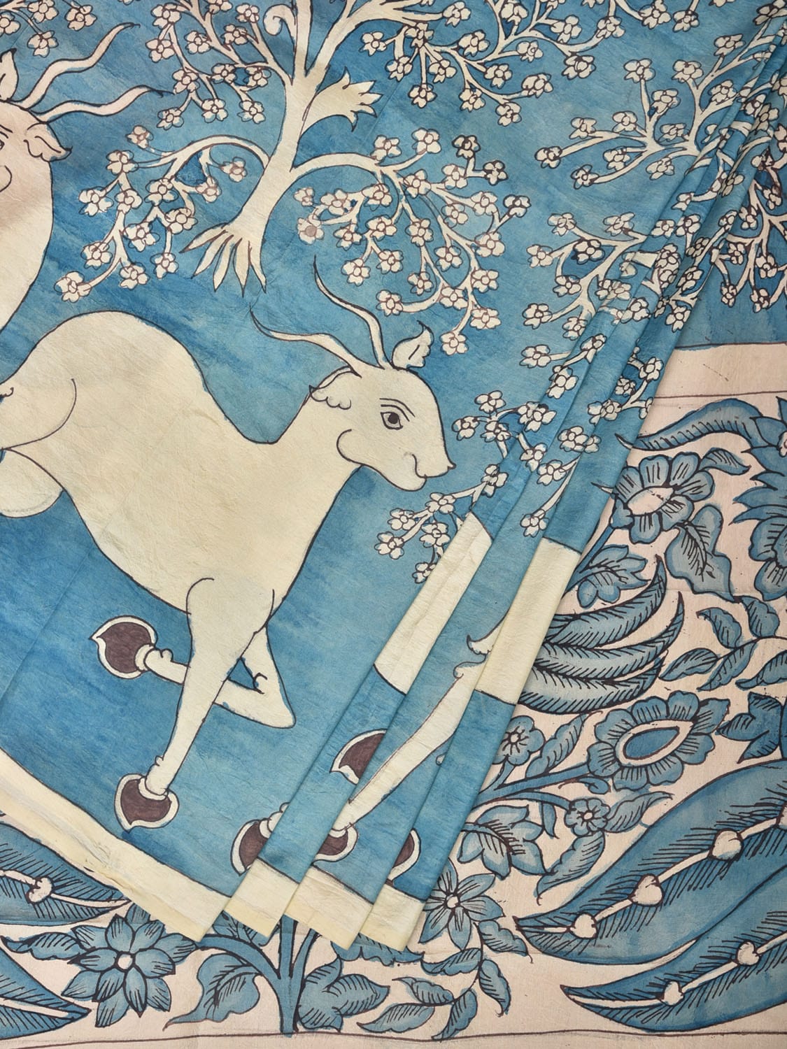 Blue Kalamkari Hand Painted Silk Handloom Saree with Deers and Floral Design KL0734