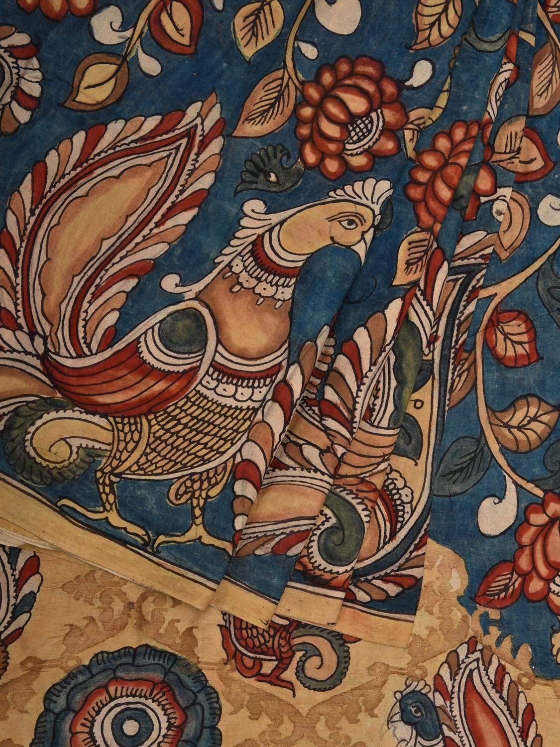 Blue Kalamkari Hand Painted Silk Handloom Saree with Lotus and Peacocks Design KL0570