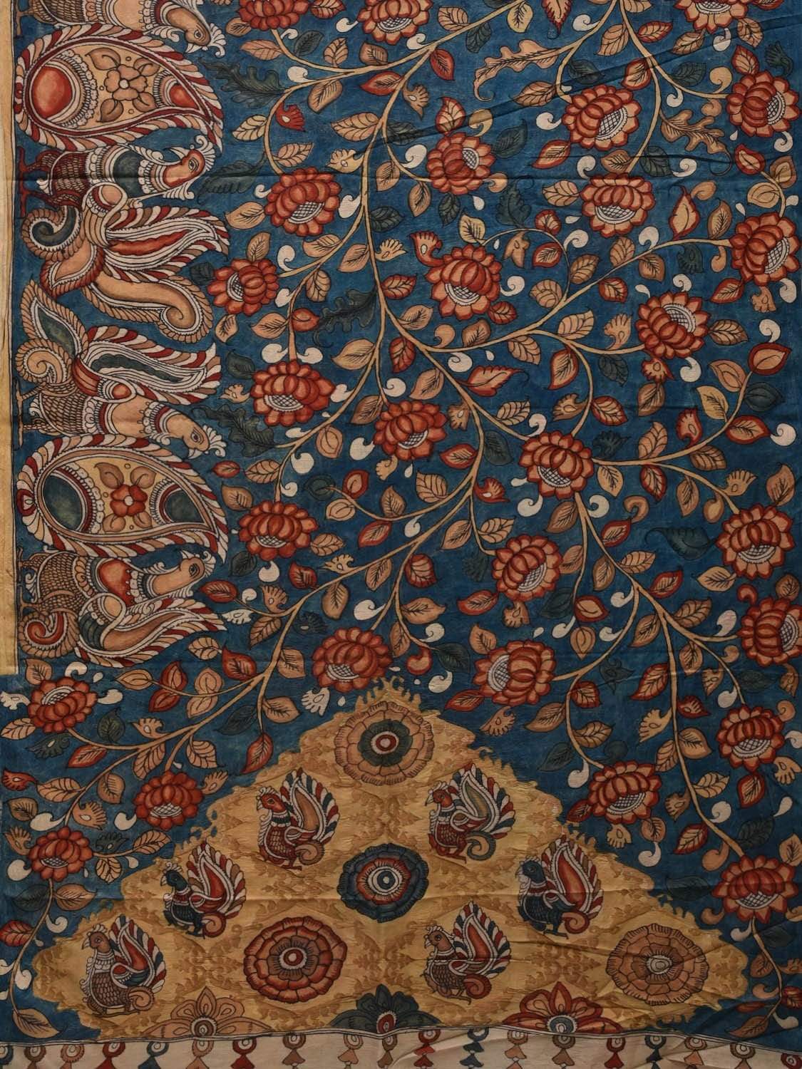 Blue Kalamkari Hand Painted Silk Handloom Saree with Lotus and Peacocks Design KL0570