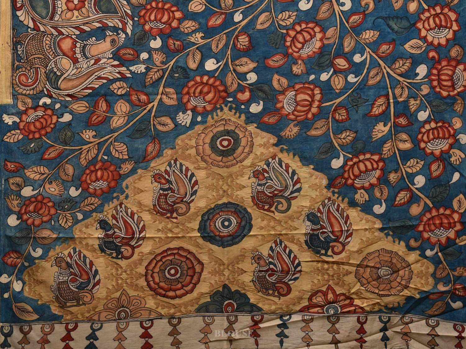 Blue Kalamkari Hand Painted Silk Handloom Saree with Lotus and Peacocks Design KL0570