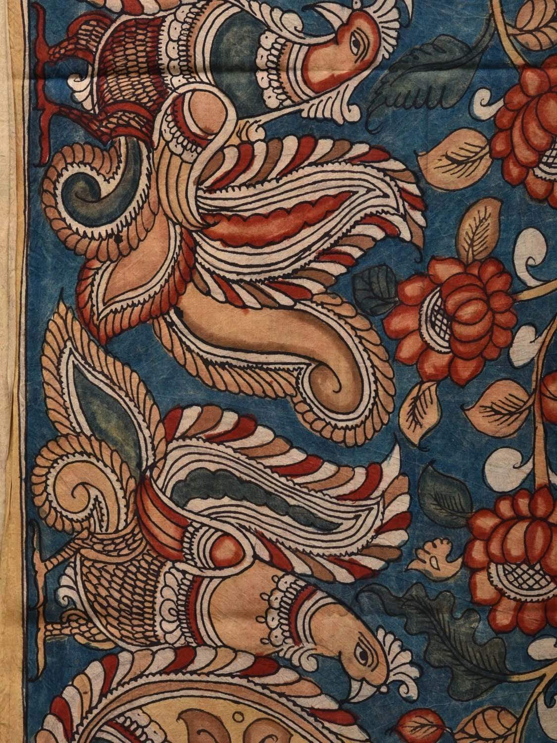 Blue Kalamkari Hand Painted Silk Handloom Saree with Lotus and Peacocks Design KL0570