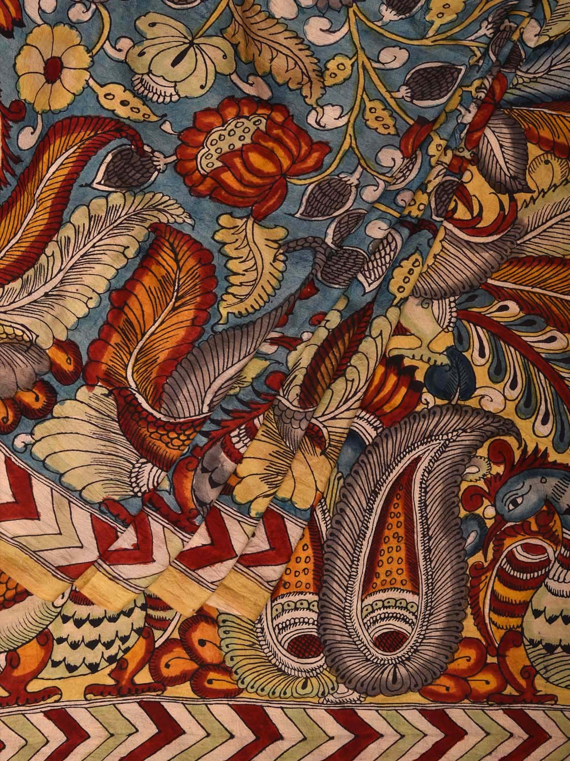 Blue Kalamkari Hand Painted Silk Handloom Saree with Peacocks and Lotus Flowers Design KL0716