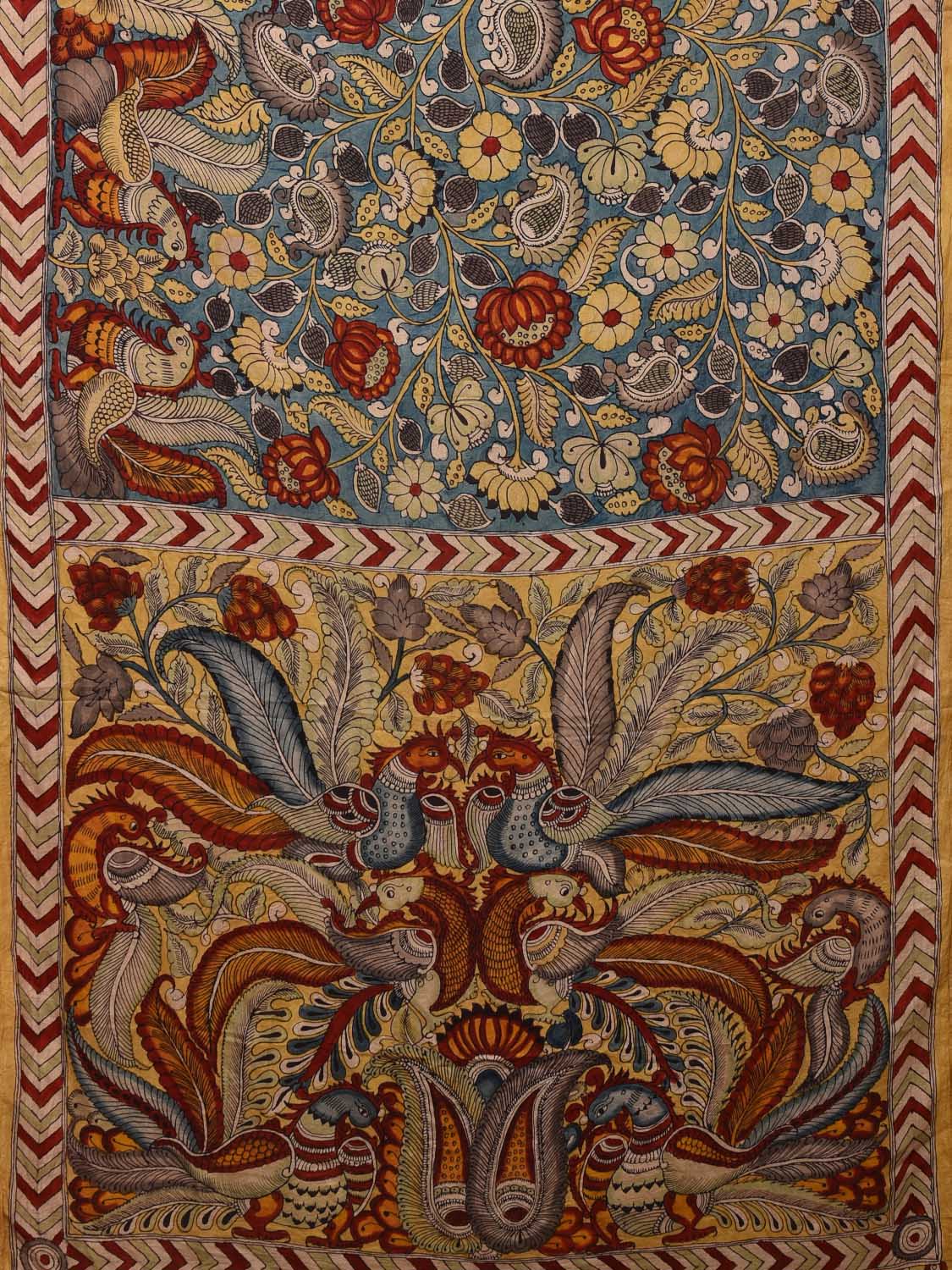 Blue Kalamkari Hand Painted Silk Handloom Saree with Peacocks and Lotus Flowers Design KL0716