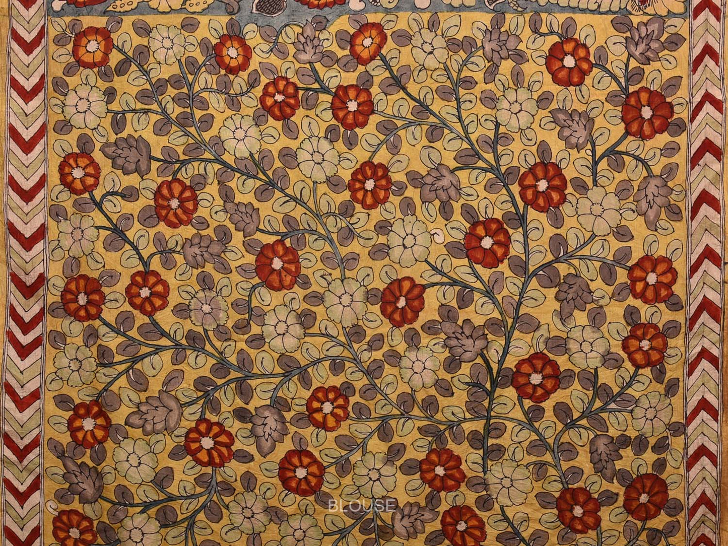 Blue Kalamkari Hand Painted Silk Handloom Saree with Peacocks and Lotus Flowers Design KL0716