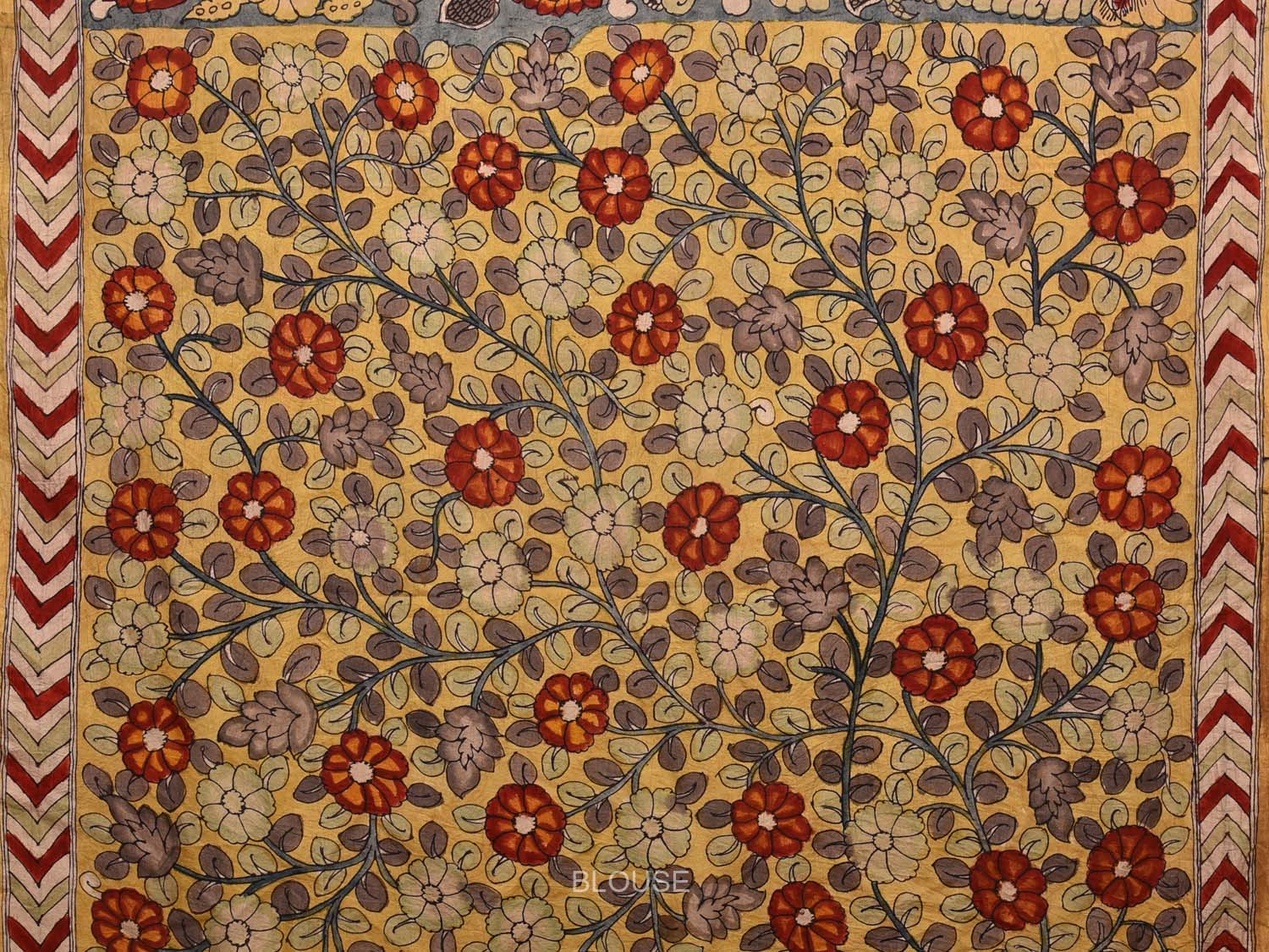 Blue Kalamkari Hand Painted Silk Handloom Saree with Peacocks and Lotus Flowers Design KL0716