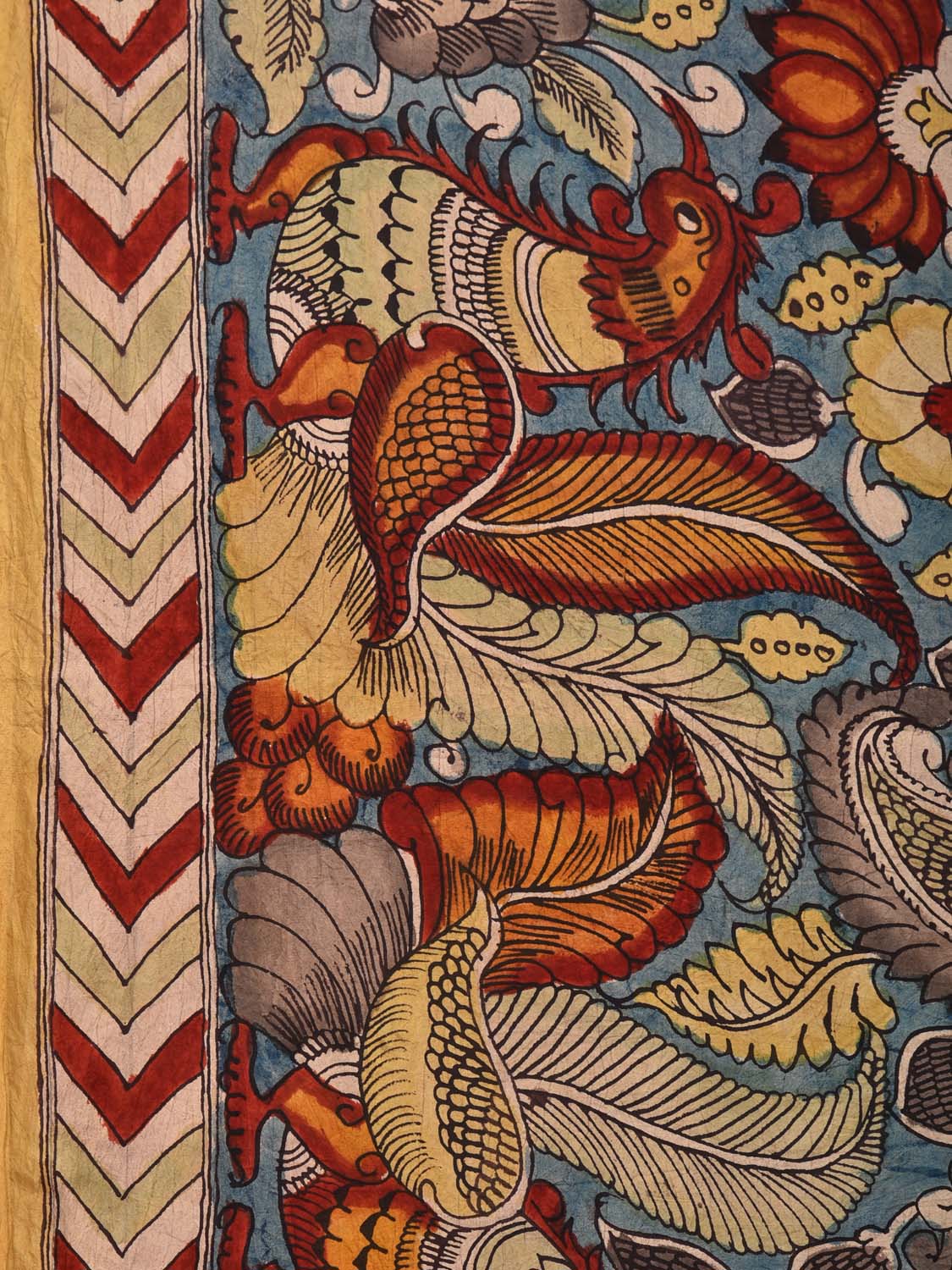 Blue Kalamkari Hand Painted Silk Handloom Saree with Peacocks and Lotus Flowers Design KL0716