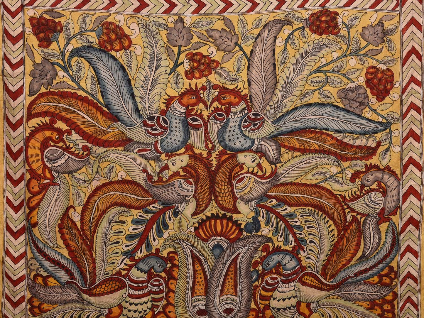 Blue Kalamkari Hand Painted Silk Handloom Saree with Peacocks and Lotus Flowers Design KL0716