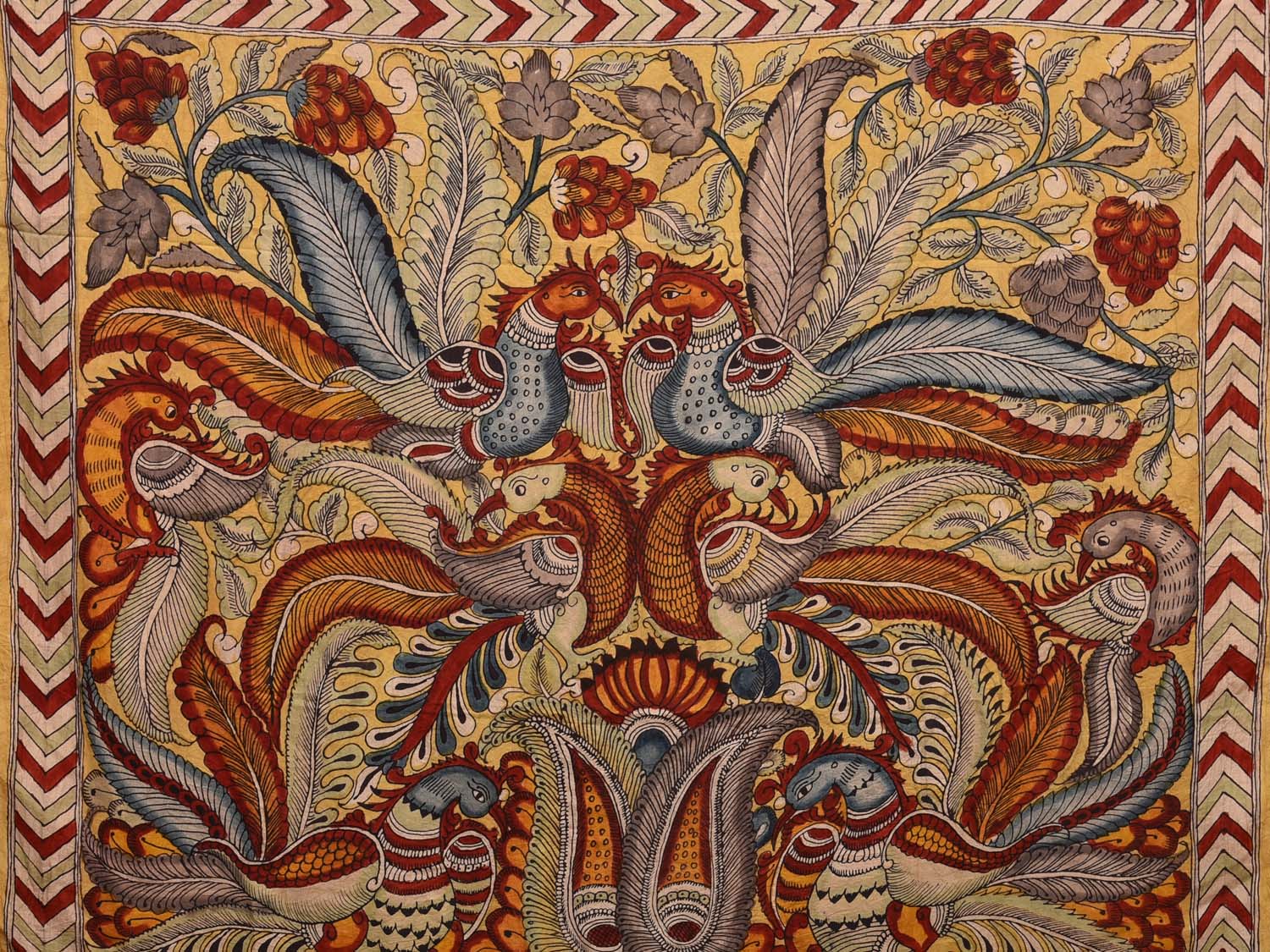 Blue Kalamkari Hand Painted Silk Handloom Saree with Peacocks and Lotus Flowers Design KL0716