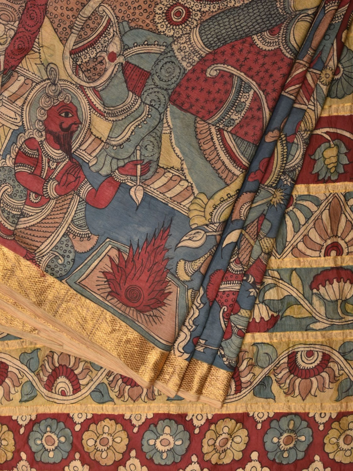 Blue Kalamkari Hand Painted Silk Handloom Saree With Rayamana Design KL0763