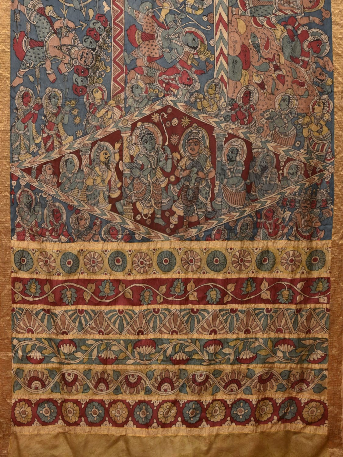 Blue Kalamkari Hand Painted Silk Handloom Saree With Rayamana Design KL0763