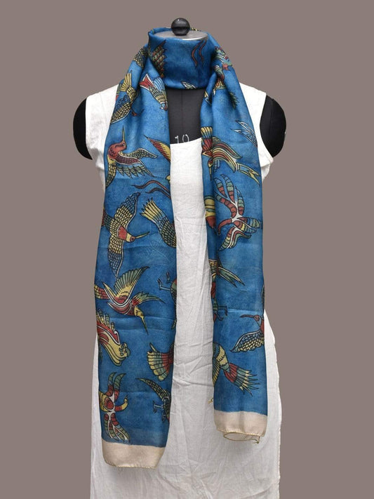 Blue Kalamkari Hand Painted Silk Handloom Stole with Birds Design ds2259