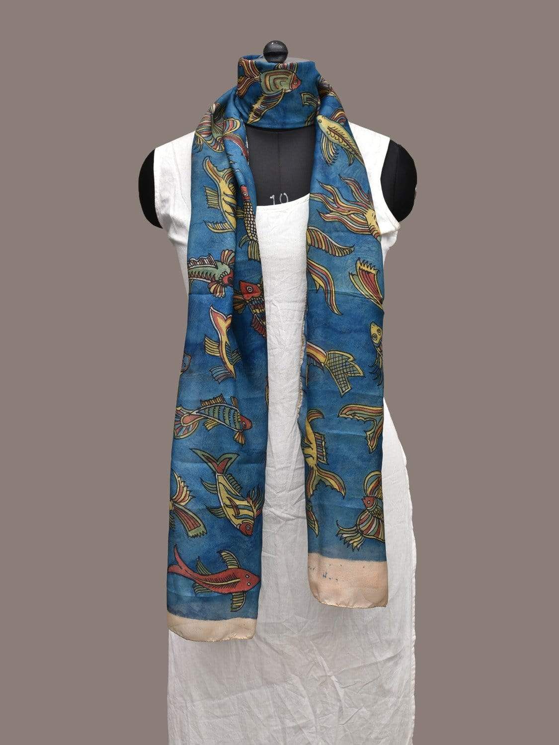 Blue Kalamkari Hand Painted Silk Handloom Stole with Fishes Design ds2263