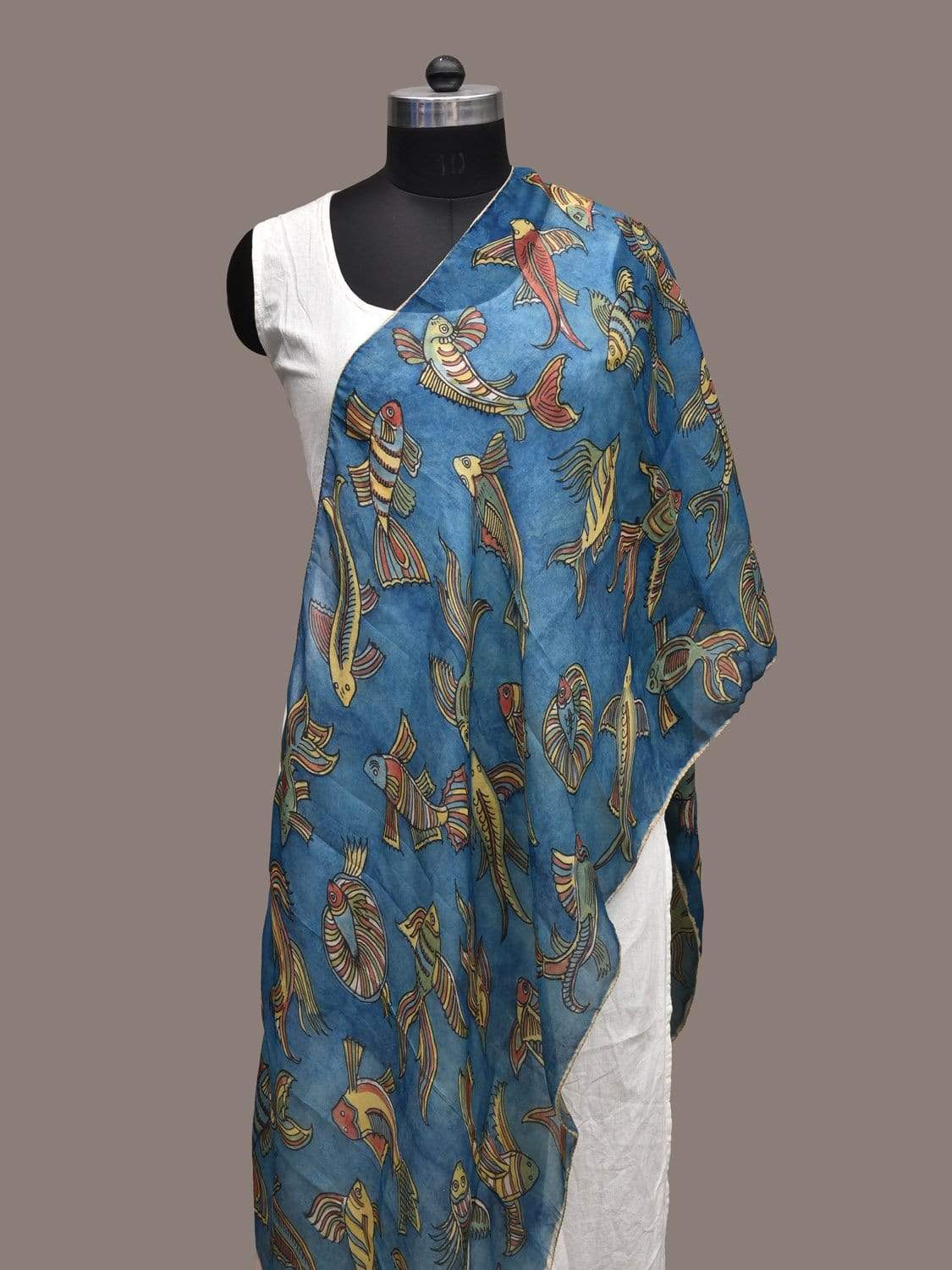 Blue Kalamkari Hand Painted Silk Handloom Stole with Fishes Design ds2263