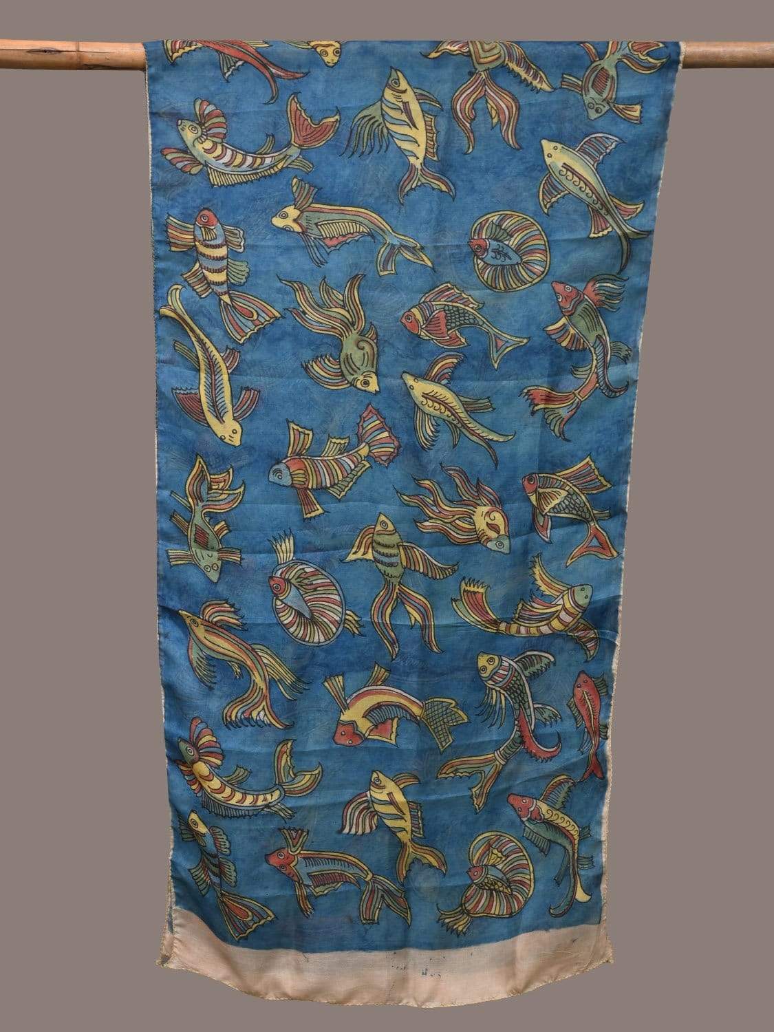 Blue Kalamkari Hand Painted Silk Handloom Stole with Fishes Design ds2263
