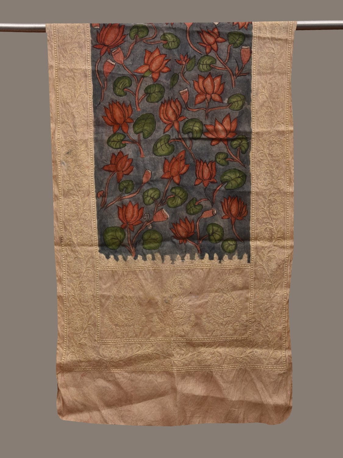 Blue Kalamkari Hand Painted Silk Handloom Stole with Lotus and Embroidary Design ds2939