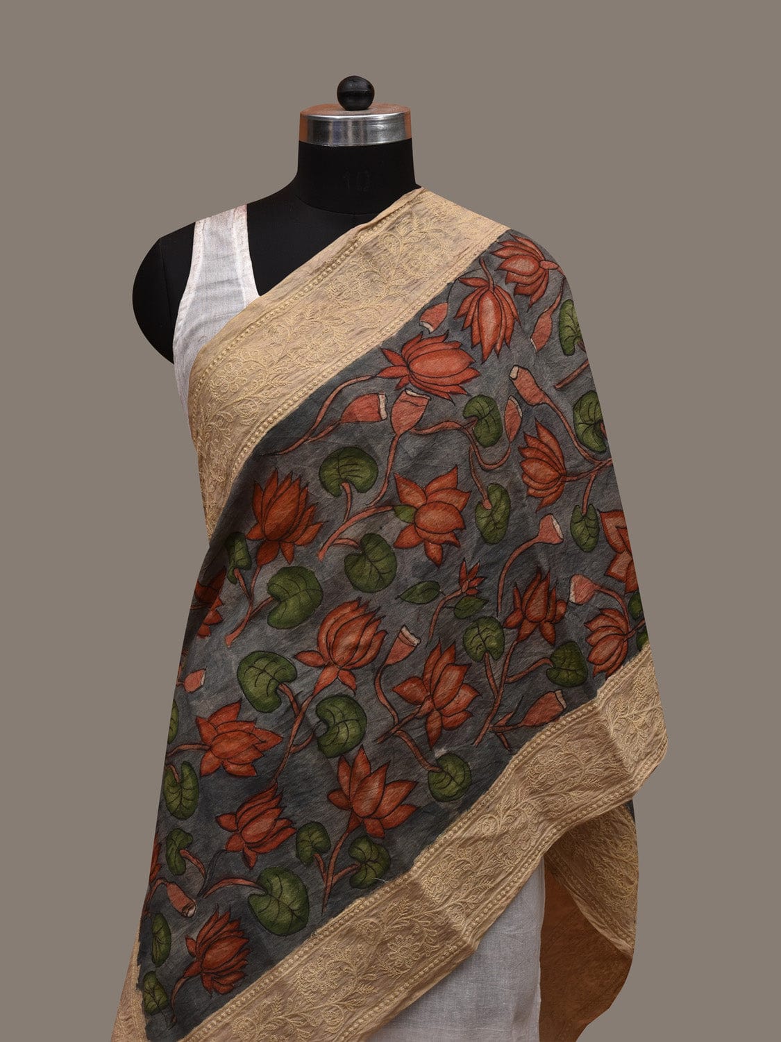 Blue Kalamkari Hand Painted Silk Handloom Stole with Lotus and Embroidary Design ds2939
