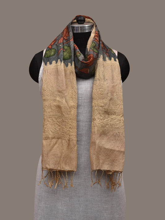 Blue Kalamkari Hand Painted Silk Handloom Stole with Lotus and Embroidary Design ds2939