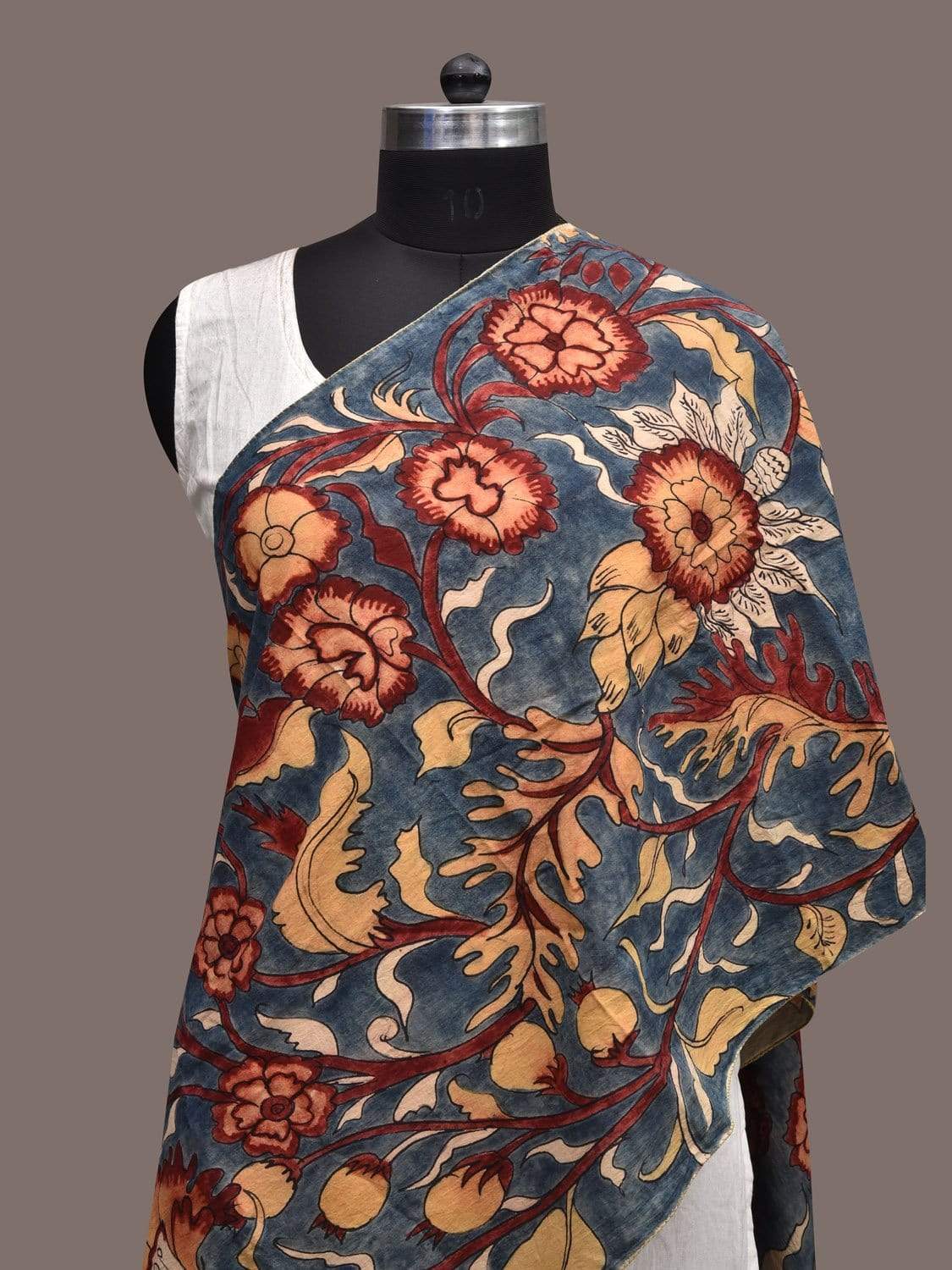 Blue Kalamkari Hand Painted Silk Stole with Floral Design ds2325