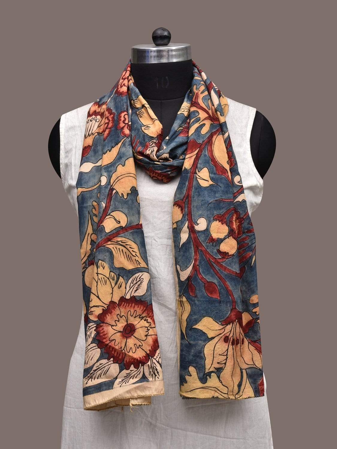 Blue Kalamkari Hand Painted Silk Stole with Floral Design ds2325