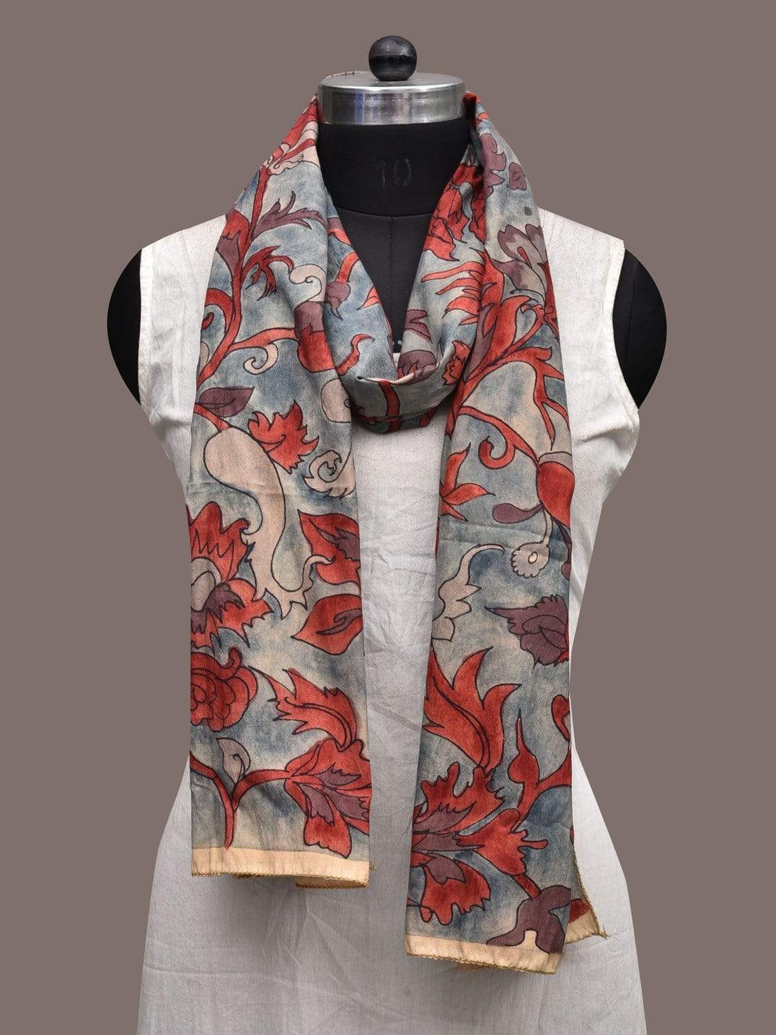 Blue Kalamkari Hand Painted Silk Stole with Floral Design ds2327